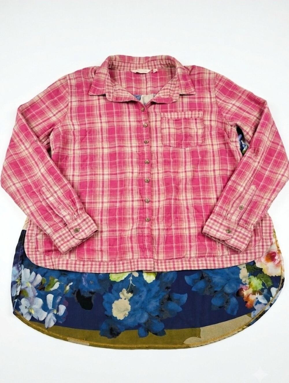 Soft Surroundings Multi Media Plaid Flannel Button Up Floral Back Shirt 1X